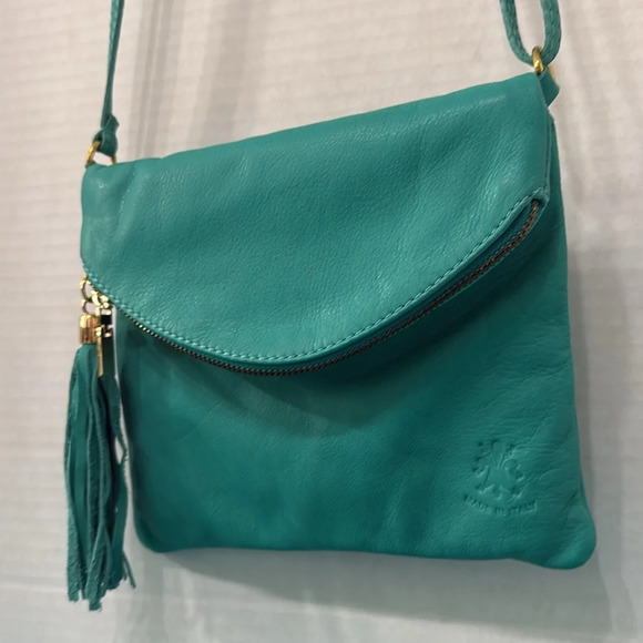 Made in Italy Genuine Leather Teal Crossbody Handbag with Zipper Tassel - Picture 2 of 10